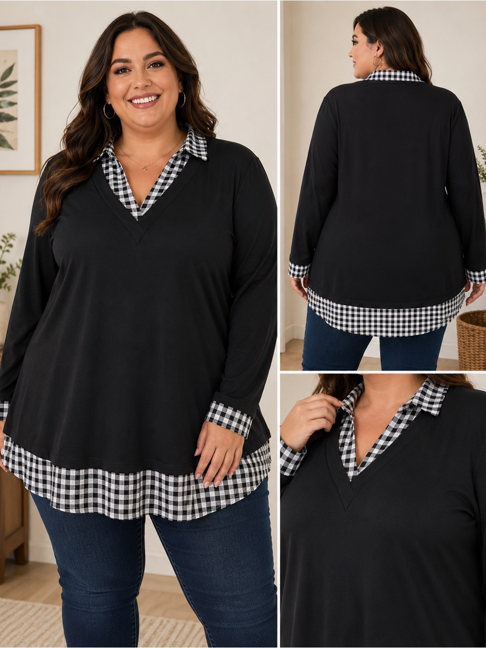 BloomChic Black V-Neck Tunic with Gingham Trim